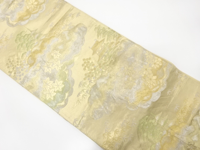 JAPANESE KIMONO / ANTIQUE FUKURO OBI / SILK / WOVEN SCENERY OF TEMPLE